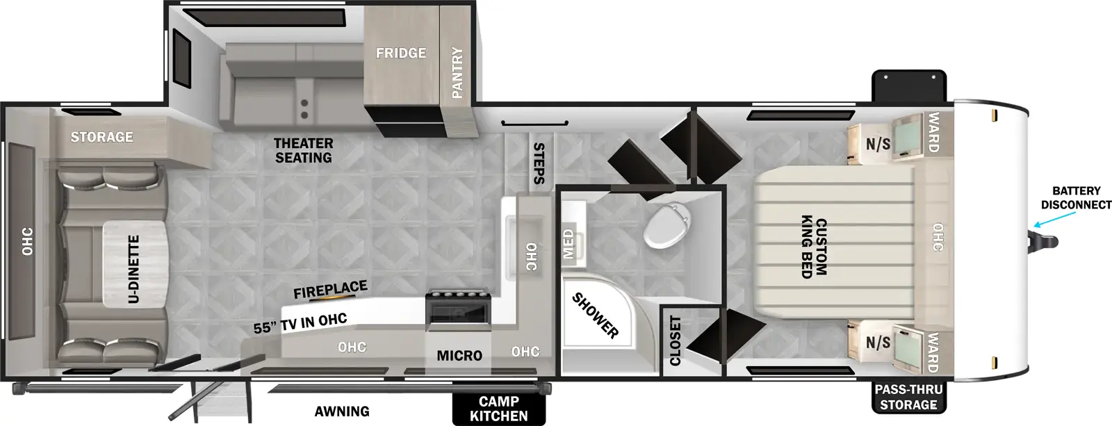 The T25RD has one slideout and one entry. Exterior features battery disconnect, pass-thru storage, camp kitchen, and awning. Interior layout front to back: foot-facing king bed with overhead cabinet, wardrobe with nightstands on each side, and door side closet; door side full bathroom with medicine cabinet; off-door side slideout with pantry, refrigerator, and theater seating; kitchen counter with sink a nd overhead cabinet wraps from inner wall to door side with microwave, cooktop, fireplace, TV in overhead cabinet, and entry; rear u-dinette with overhead cabinet and off-door side storage.